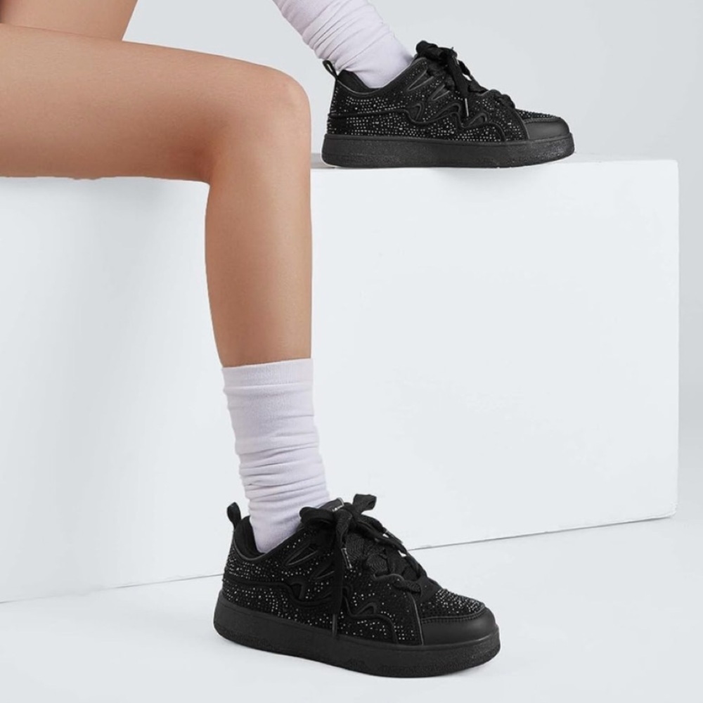 Black Rhinestone Double Lace-Up Sneakers